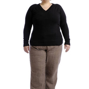 Overweight young adult, standing portrait, 30 years old, front view.